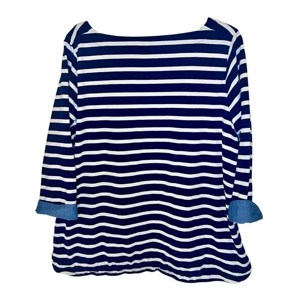 Talbots 3/4 Length Roll ChambrayCuff Sleeve Top Blue White Stripe Women’s Sz XL